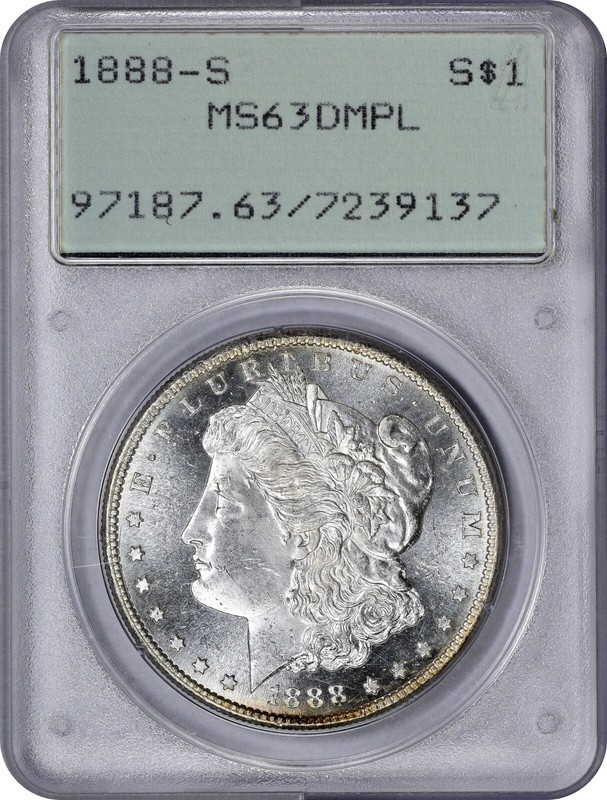 1888-S  Morgan Dollar PCGS 63DMPL, tough date, rattler holder