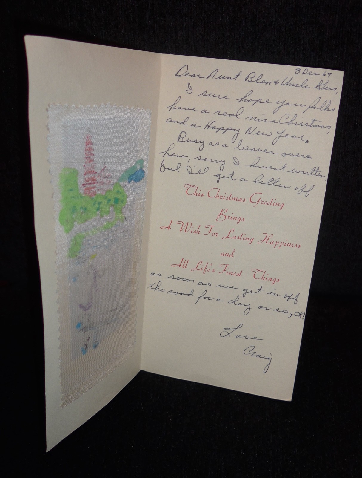 2 Vintage 1969 VIETNAM WAR ERA Hand SILK Painted Mid Century Christmas Card