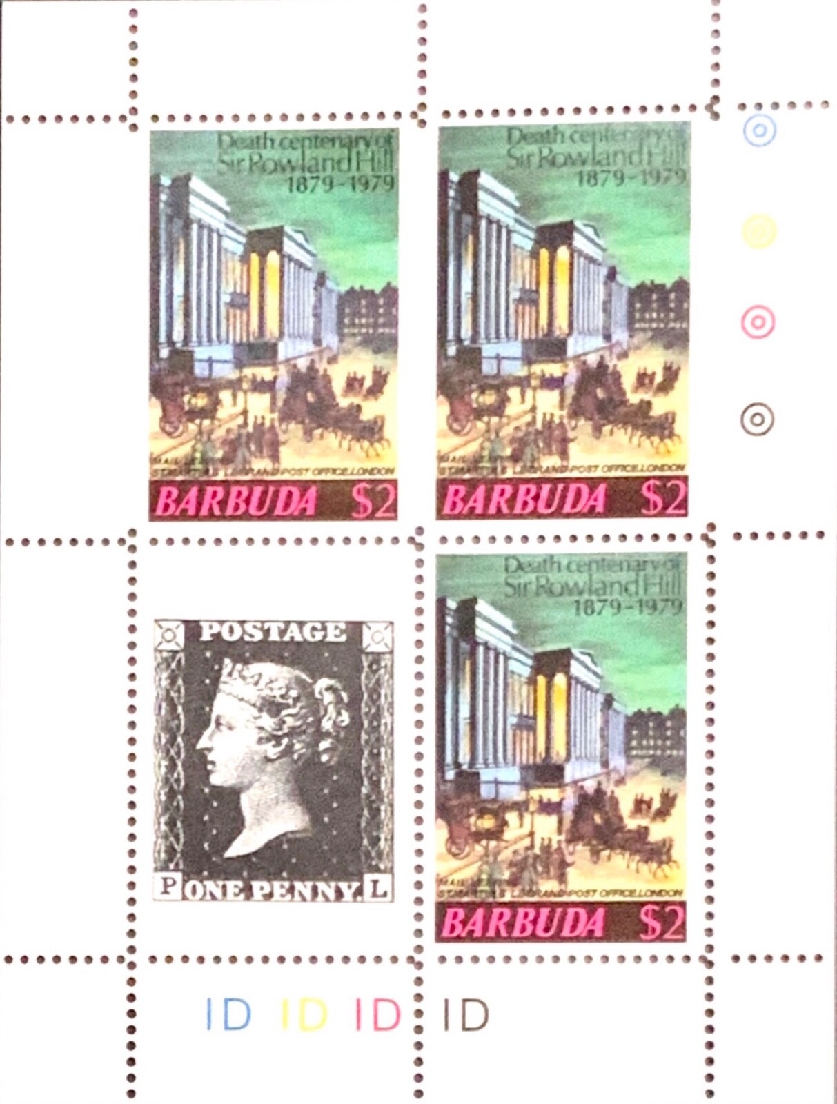 トリニダード　クエバス Barbuda #SG450v MNH M/S 1979 Rowland Hill Penny Black Martin