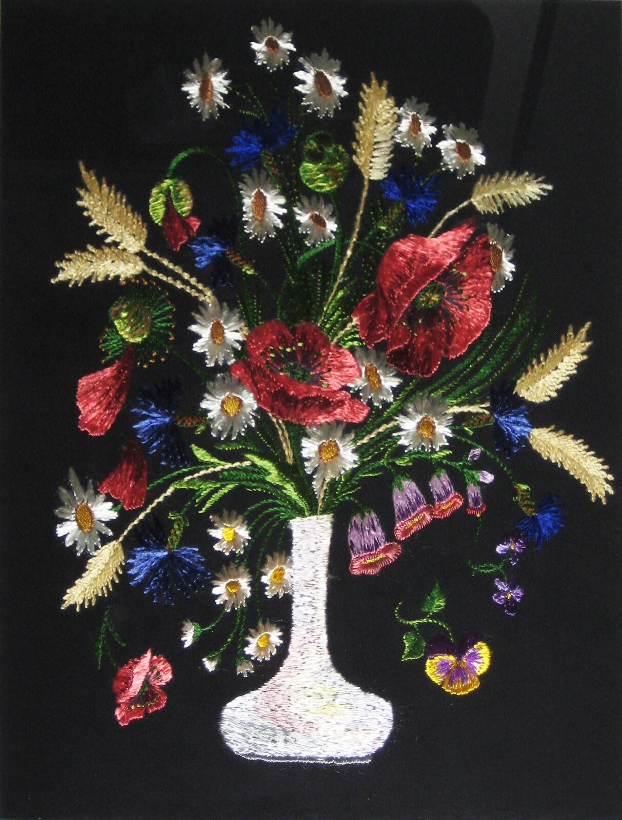 • Pair of Large Matching Vintage Silk Thread Paintings • Floral Still Lifes •