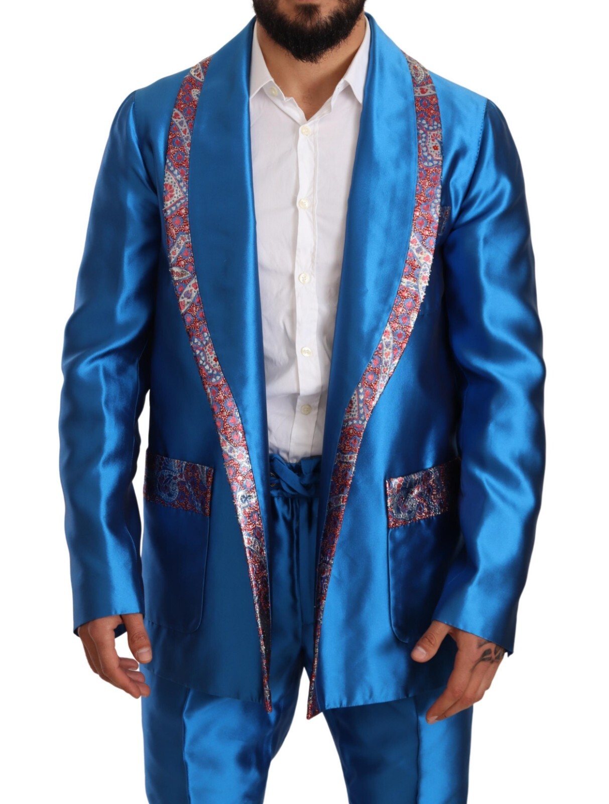 DOLCE & GABBANA Suit Blue Jacquard Silk Formal 2 Piece Set