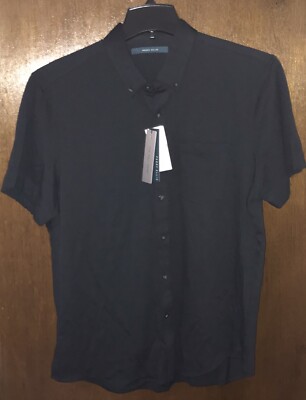 Perry Ellis Mens New $70 Performance Short Sleeve Button Shirt L Large Black NWT