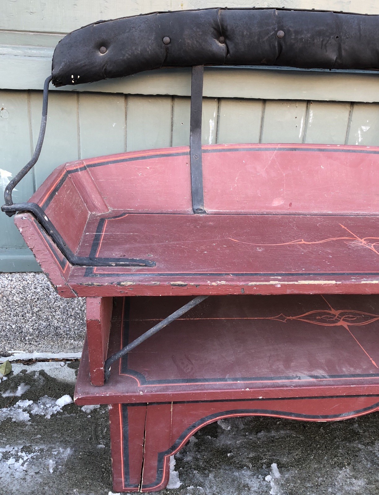 Antique 1860’s Wagon Horse Carriage Seat Bench Maroon Tole Painted Porch Parlor