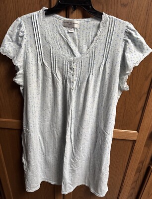 Miss Elaine Nightgown Women 1X Blue Stretch Knit Cap Sleeve Lace Pleat Embroider