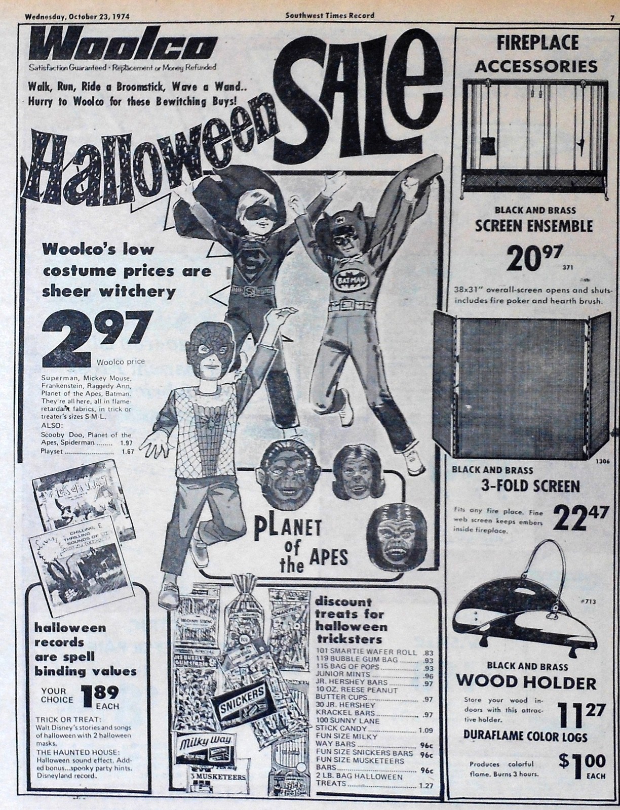 Woolco Halloween Costume ad from 1974, Spider-Man, Batman, Superman, Planet Apes