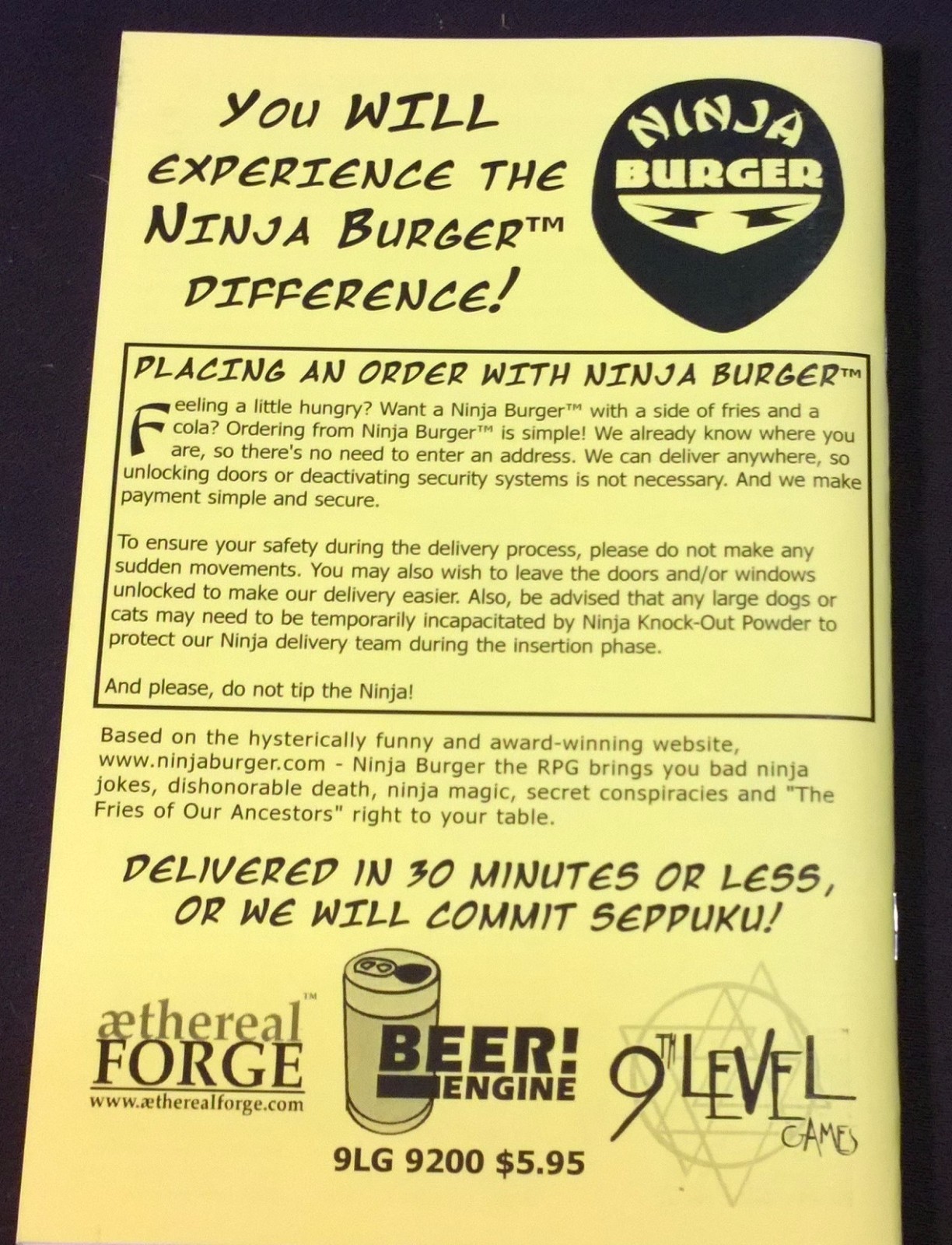 Ninja Burger the Role-Playing Game NM 9th level games beer engine