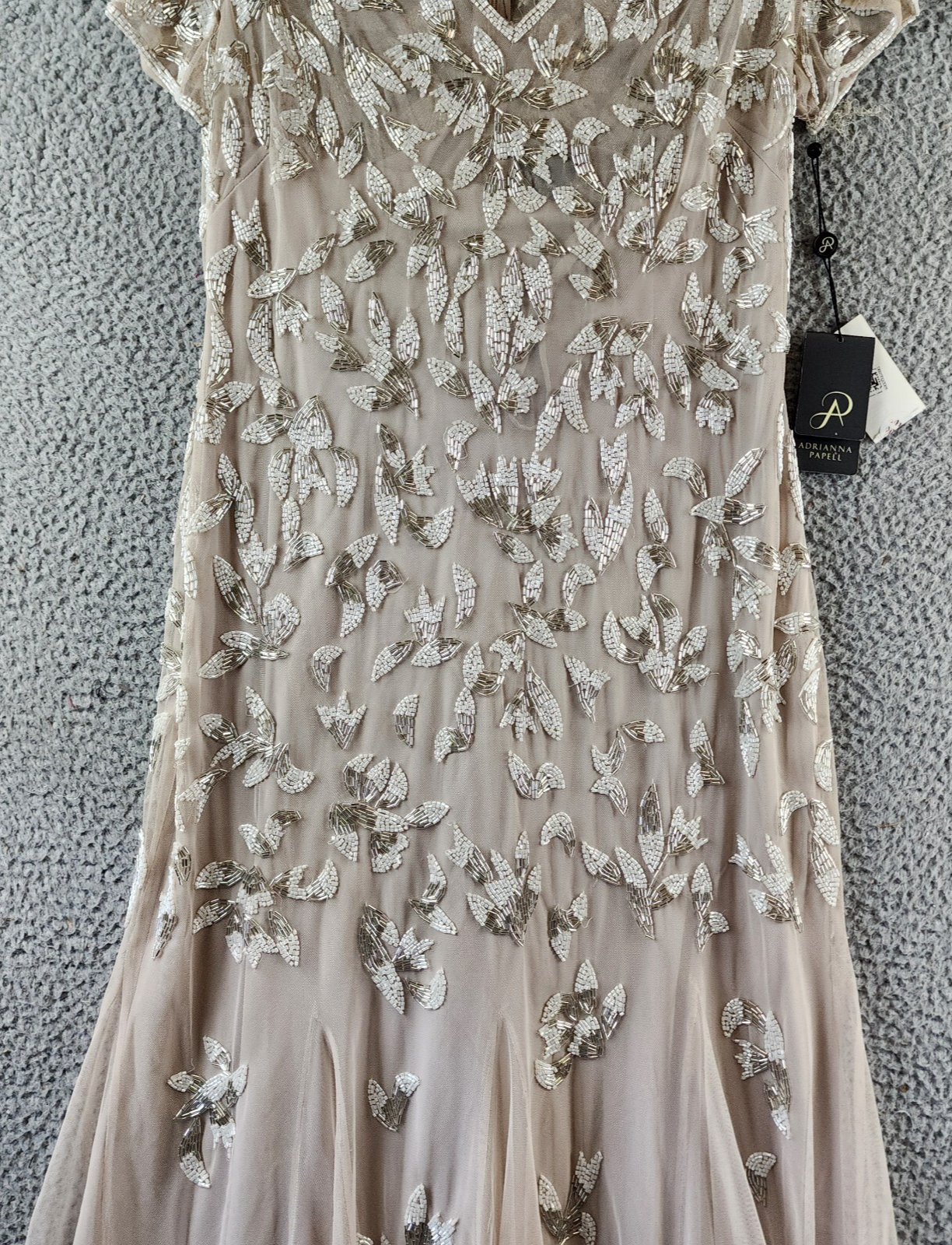 Adrianna Papell Beaded Godet Gown Women's 10 Beige V-Neck Hook & Eye Closure S/S - Picture 4 of 24