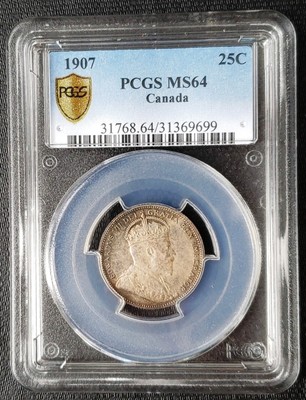 1907 Canada Silver 25 Cents Quarter ***PCGS Graded MS-64*** Great Detail