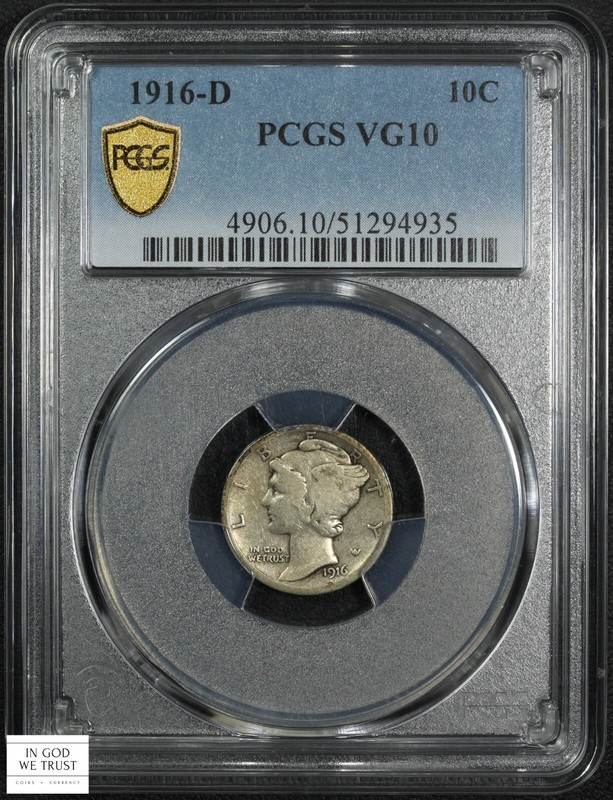 1916 D Mercury Silver Dime 10C PCGS VG 10
