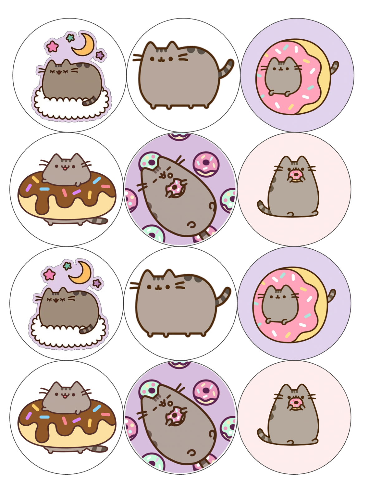 set of 12 cat, kitty, kawaii cartoon, edible paper, cupcake cookie toppers