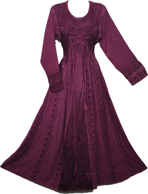 Boho Maxi Dress Winter Festive MAGENTA Long Sleeve Corset Medieval Embroidered