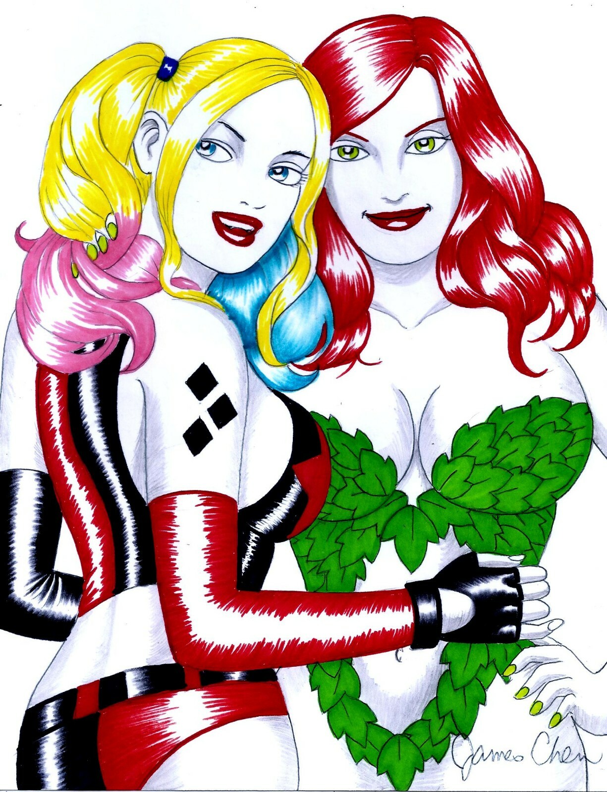 POISON IVY & HARLEY QUINN ORIGINAL COMIC ART COLOR SKETCH 11 ON