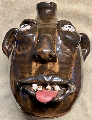 Pond Mt Pottery, Large Face Jug, by Dianne Ferrie, Brown Glaze, Creston NC 2006