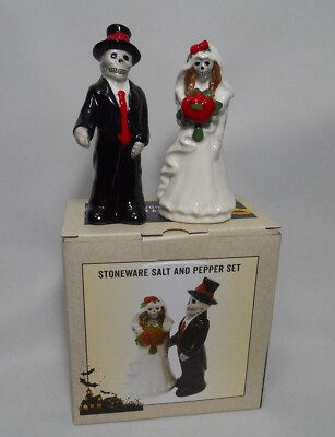 Bride & Groom Wedding Skeleton Salt & Pepper Shakers 4'' H - Stoneware - NEW