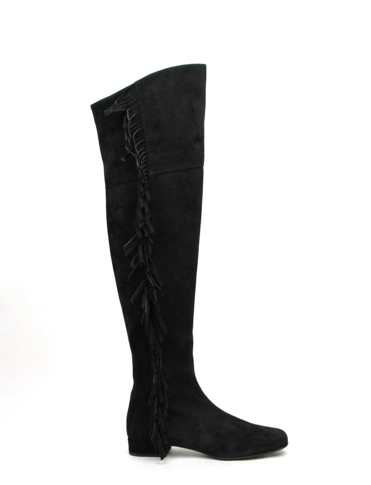 Pre-owned Saint Laurent Woman's Black Suede Over The Knee Fringed Boots 438270 1000