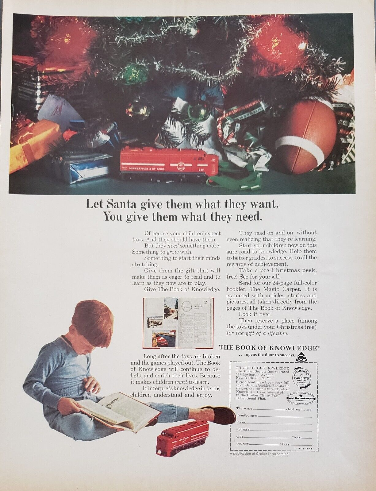 1963 Book Of Knowledge Let Santa Give Them What They Want Christmas Print Ad