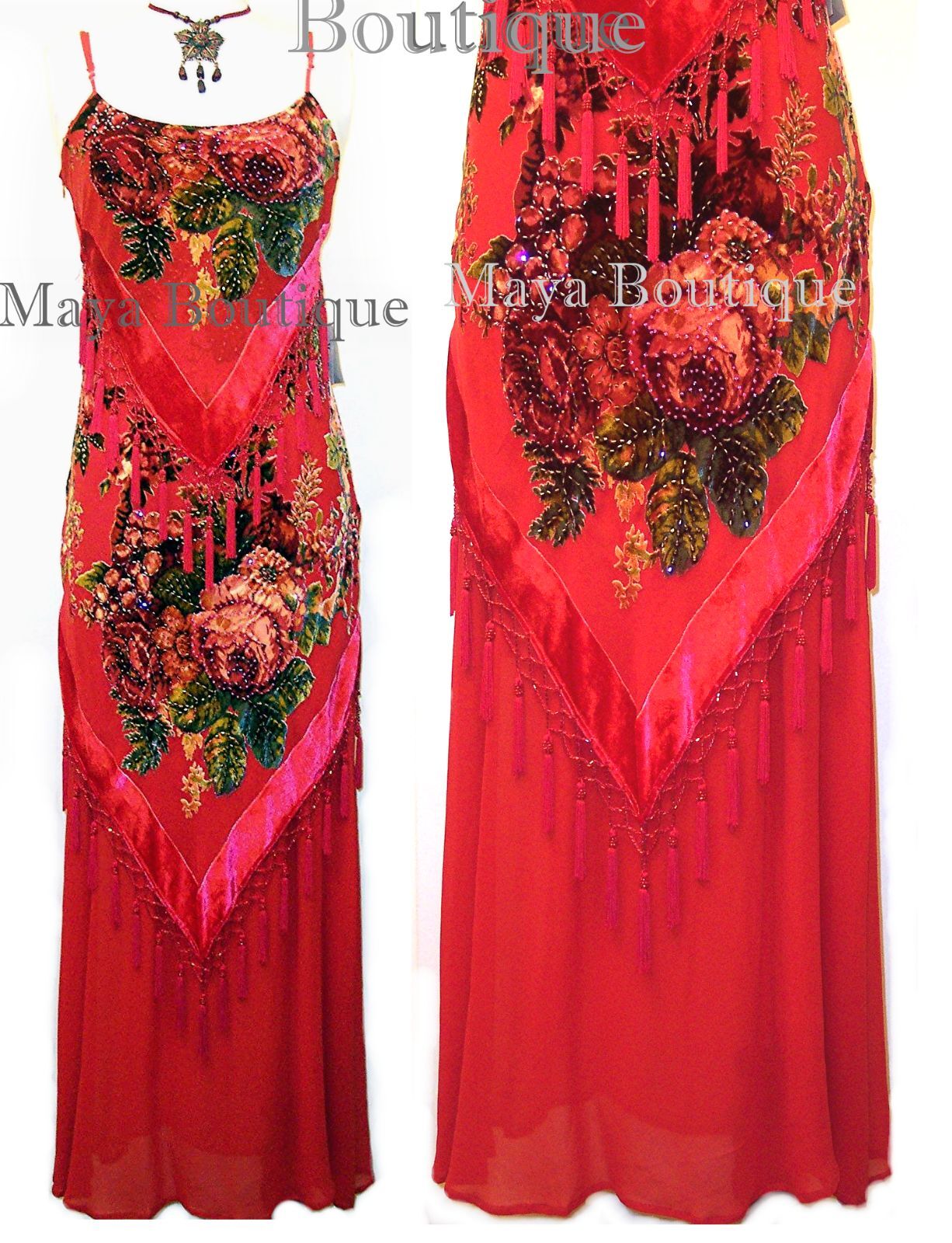 Pre-owned Maya Matazaro Dress Gown Red Silk Burnout Velvet Beaded Victorian Roses  Xl
