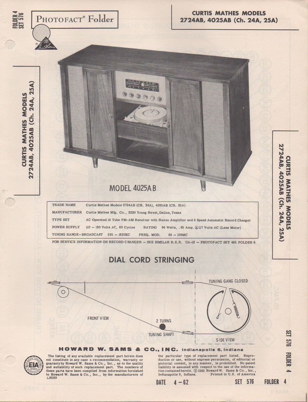1962 CURTIS MATHES 2724AB 4025AB RADIO SERVICE MANUAL PHOTOFACT
