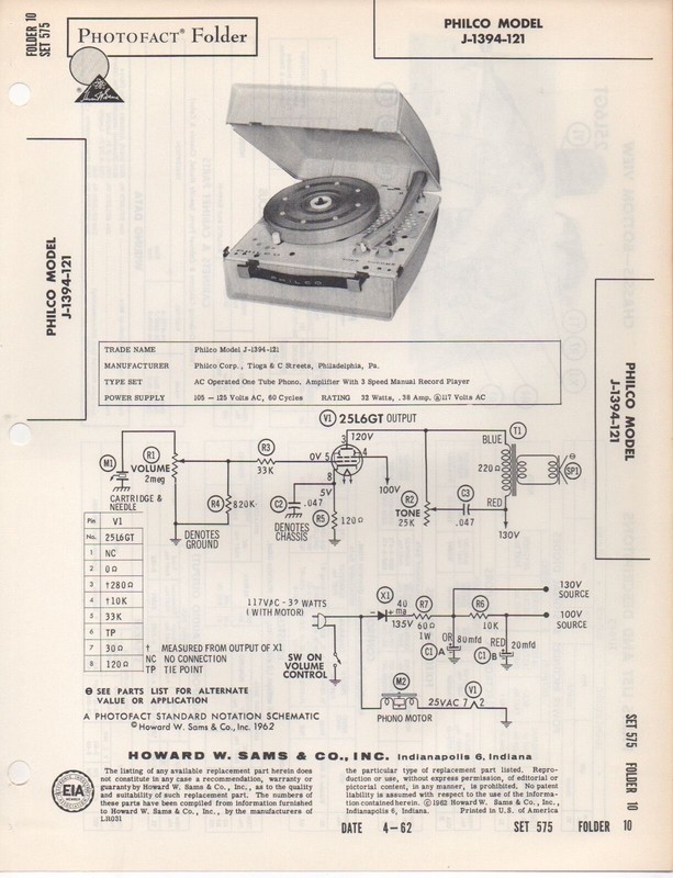 1962 PHILCO J-1394-121 RECORD PLAYER SERVICE MANUAL PHOTOFACT SCHEMATIC REPAIR