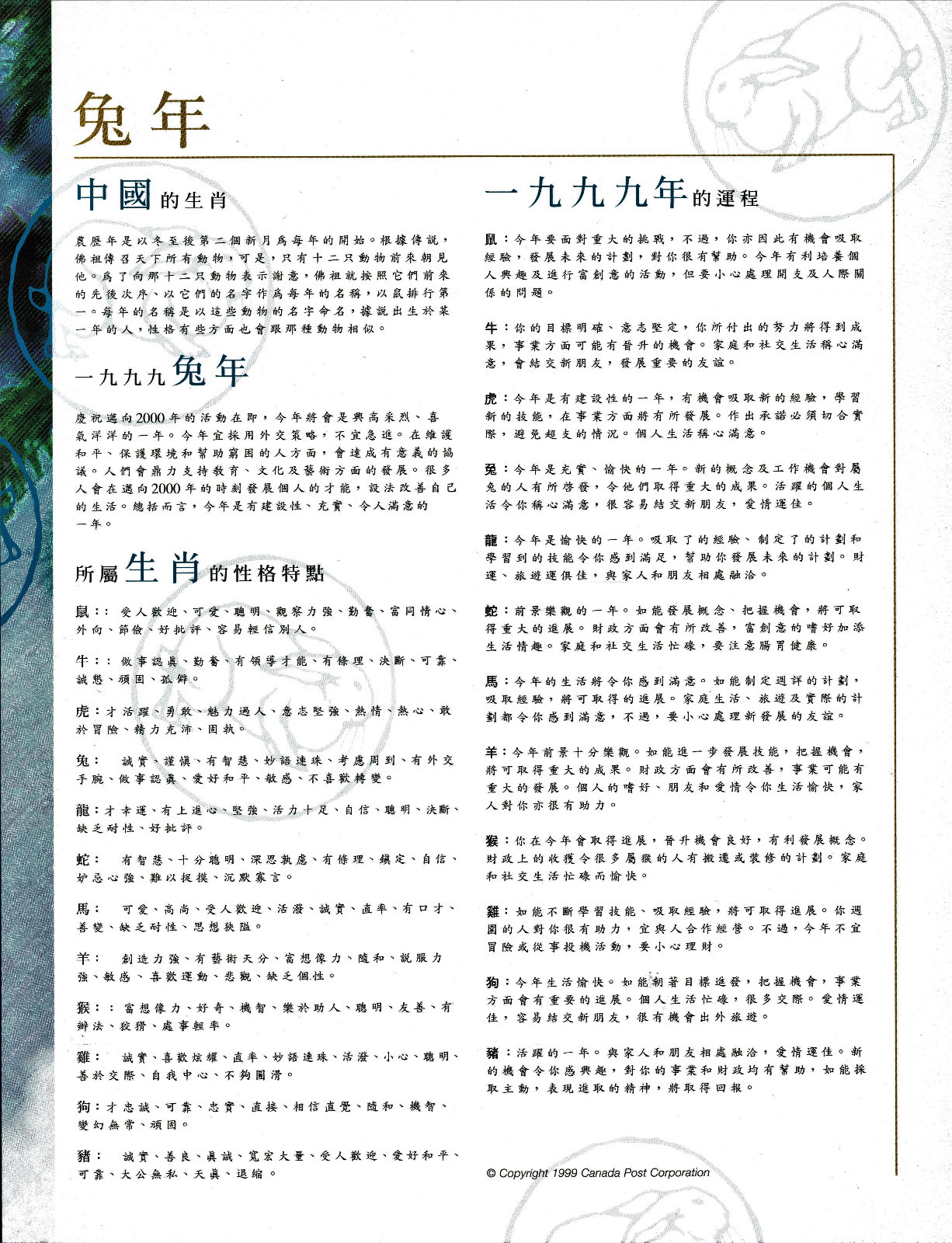 “1999 Year of the RABBIT” Pack w/ 1999 Canada, China & Hong Kong Postage Stamps