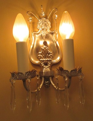 Vintage Lighting pair antique 1920s silver crystal sconces