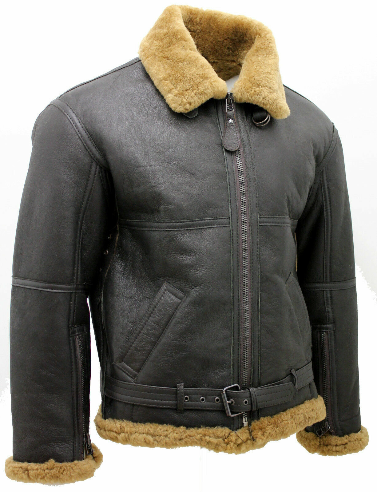 Pre-owned Infinity Men's Brown Raf Real Shearling Sheepskin Flying Leather Jacket With Ginger Fur