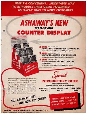 1954 Ashaway's Fishing Line Counter Display Print Ad Flyer #0626
