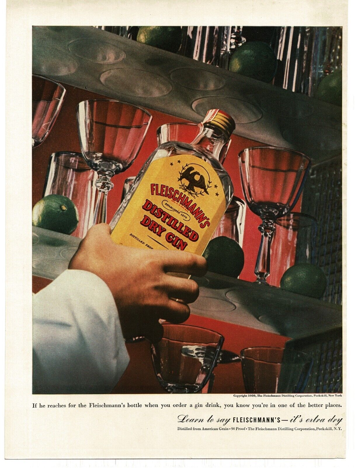 1939 Fleischmann's Dry Gin Bartender Barman Vintage Print Ad