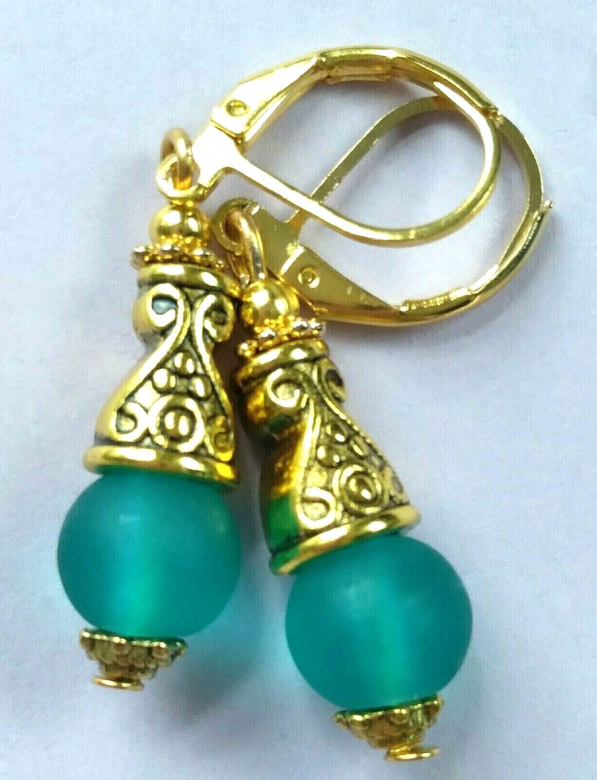 teal green BEACH FROSTED GLASS drop earring GP HANDCRAFTED XX