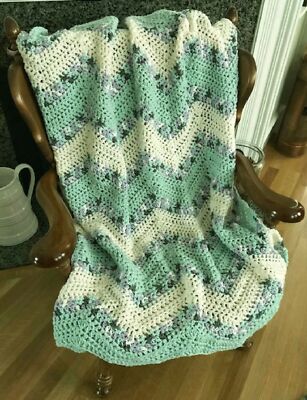 Handmade Crochet Chevron Ripple Chunky Couch Throw Blanket Afghan multi green