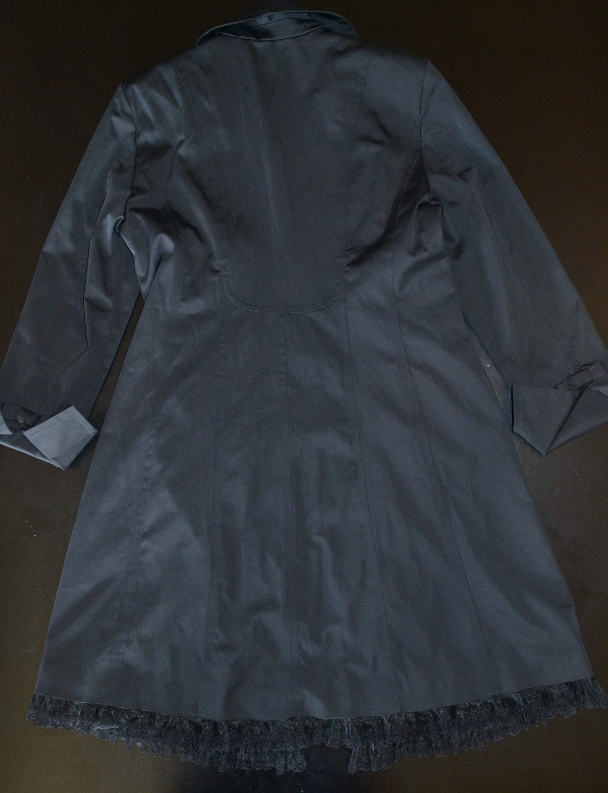 Womens M Nine West Black Trench Rain Coat Feminine Style w/Lace Hem & Bow Detail