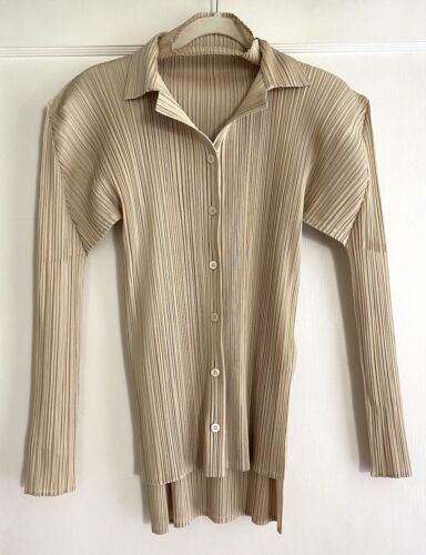 Vintage Pleats Please Issey Miyake Natural Beige 2pc Top Jacket Set Size 3 4