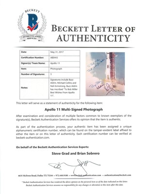 Apollo 11 (3) Armstrong, Aldrin, & Collins Signed 8X10 Photo BAS #A80443