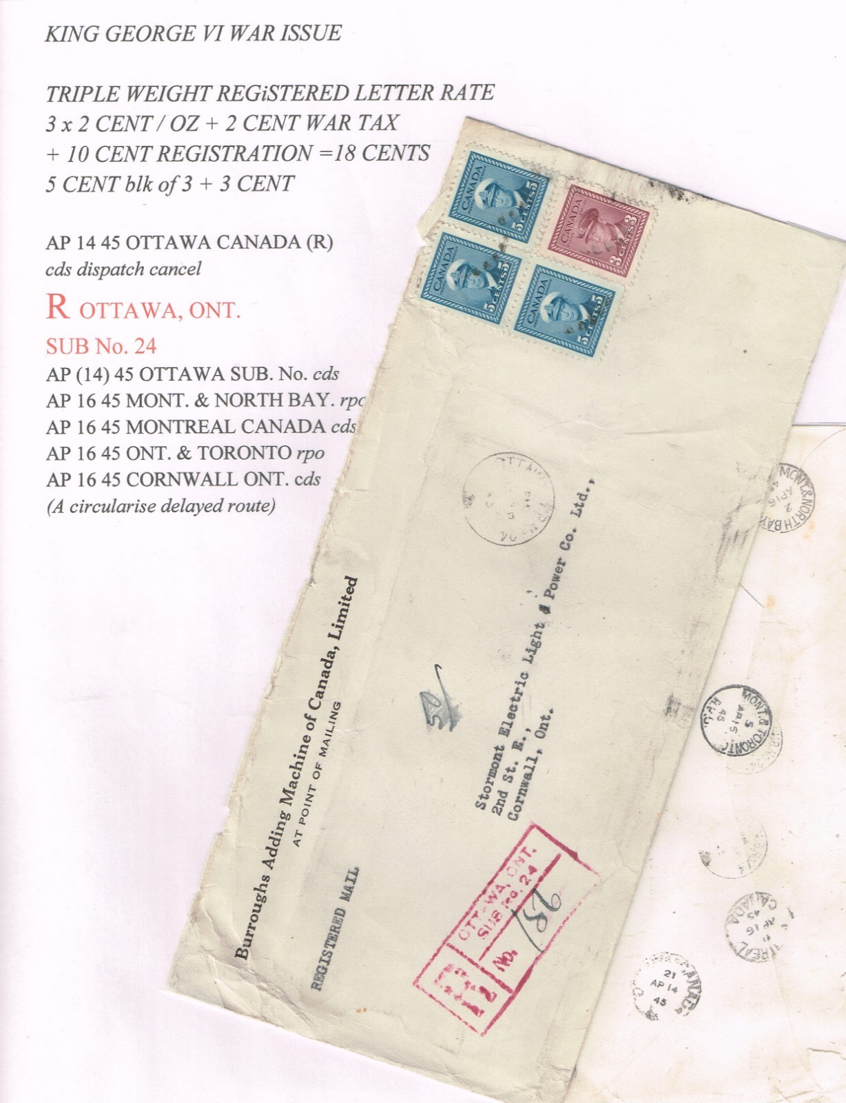 Canada 1945 Triple weight Registered War Issue cover A Circuitous route wi RPOs