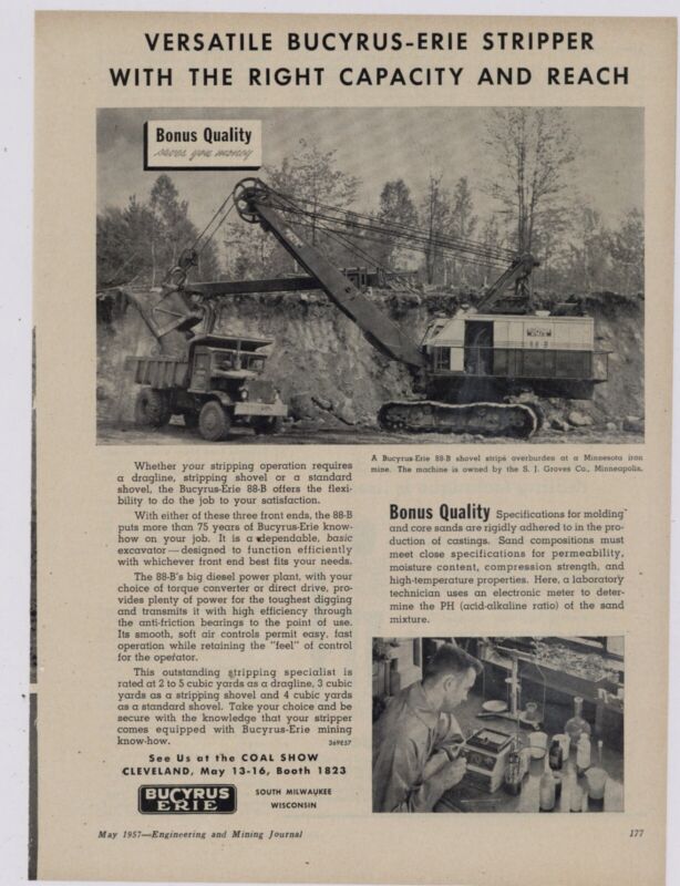 1957 Bucyrus Erie Ad: Model 88-B for S.J. Groves Co. of Minneapolis at Iron Mine