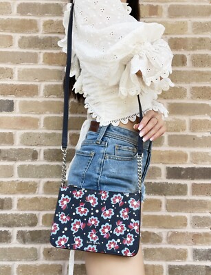 Kate Spade Leather Eva Seaside Blooms Chain Crossbody Bag Floral Navy Multi