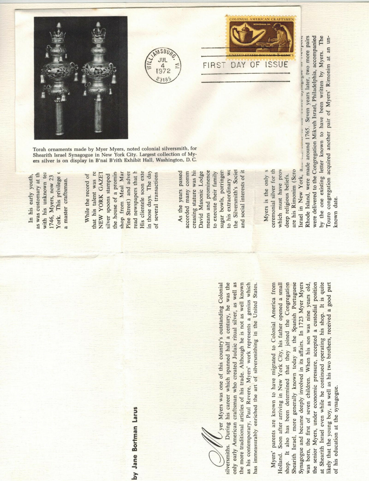 COLONIAL CRAFTSMEN SILVERSMITH MYER MYERS FDC + B'NAI B'RITH