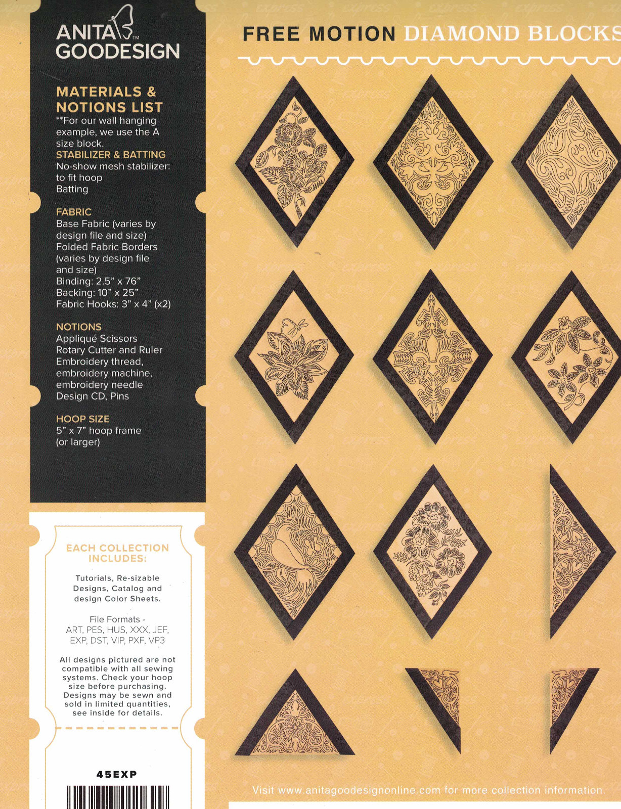 Anita Goodesign Express Free Motion Diamond Block Project 45 book and CD