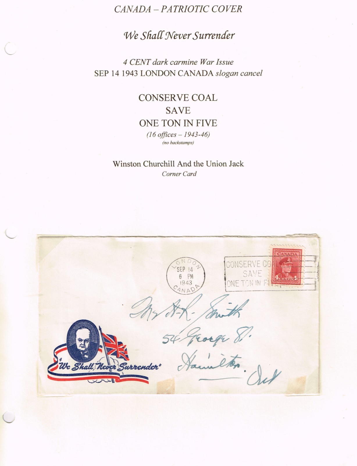 Canada 1943 4 cent War Issue Patriotic cover. 