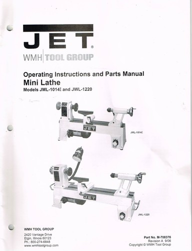 Original Owner's Manual ONLY JET Tool Group Mini Lathe JML-1014I