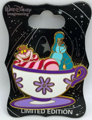 Large CHESHIRE CAT & CATERPILLAR in TEA CUP on Card, Disney Character Pin