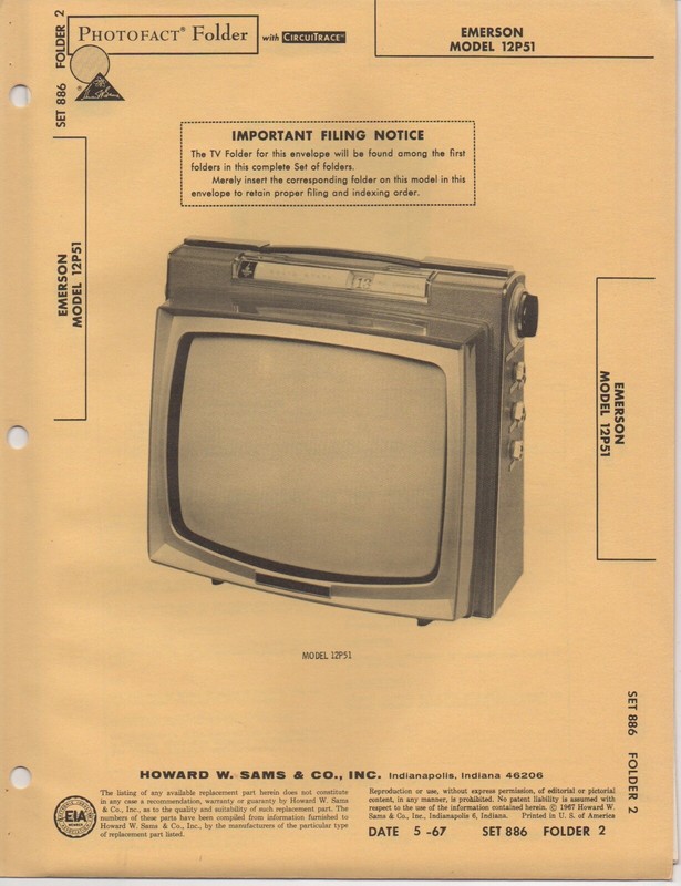 1967 EMERSON 12P51 TELEVISION SERVICE MANUAL PHOTOFACT SCHEMATIC