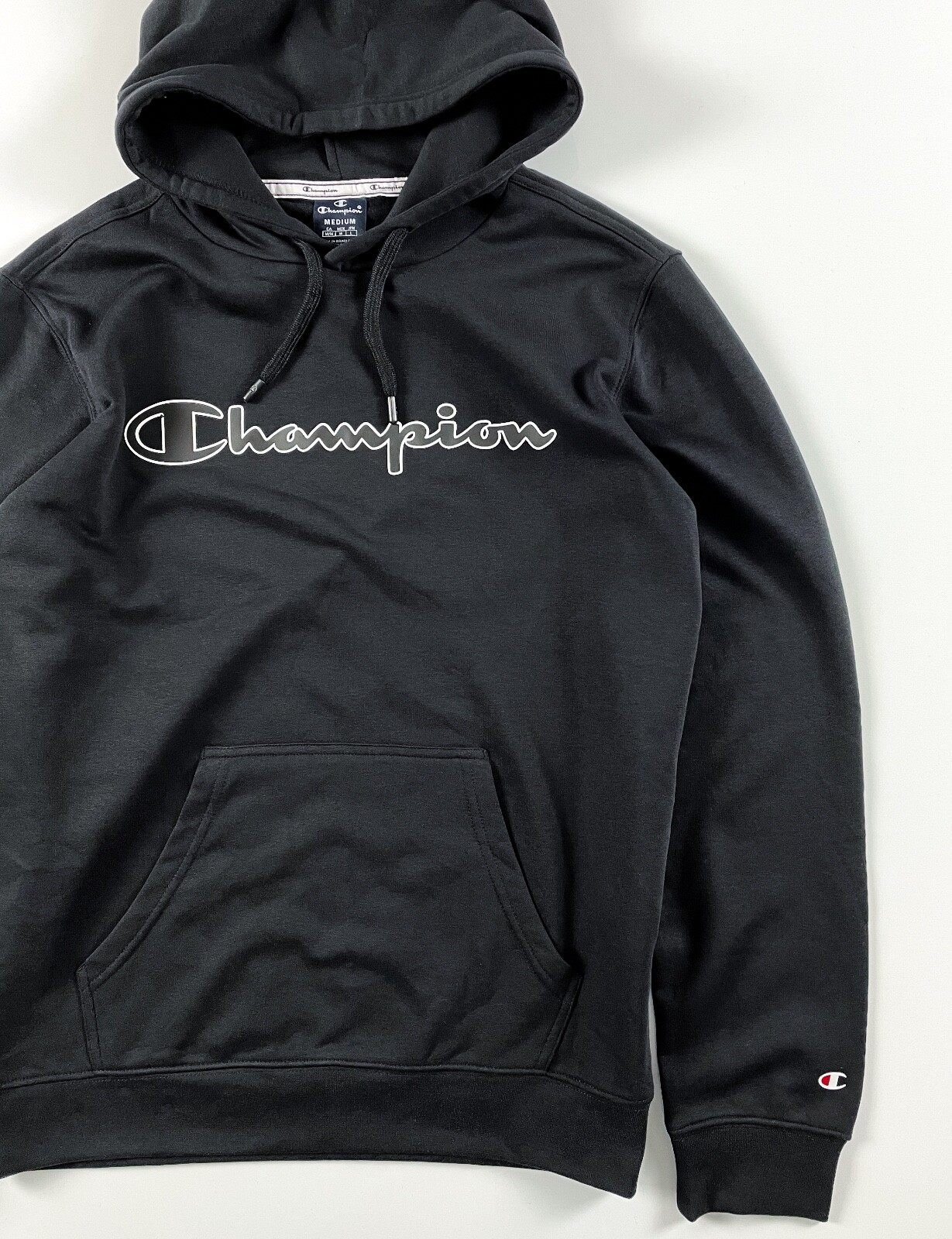 Champion Hoodie Men's Big Logo Black Pullover Comfort Fit Champion Hoodie Men's Big Logo Black Pullover Comfort Fit