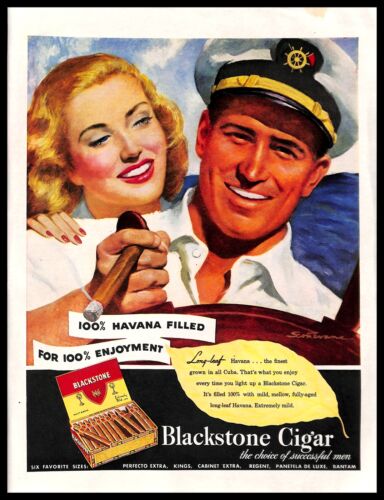 1947 Blackstone Havana Cigars Vintage PRINT AD Sea Ship Captain Woman Drawing
