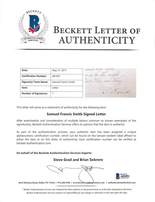 Samuel Francis Smith Signed 2 Page 5x8 Lyrics To 