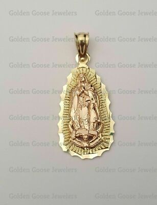 14K Yellow 3 Tone Real Gold Virgin Mary Guadalupe Small Medallion Pendant Charm