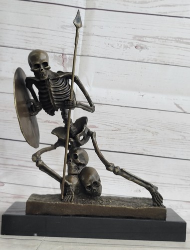 Bronze Statue Skull Skeleton Warrior spear shield sculpture Figure Home Artwork