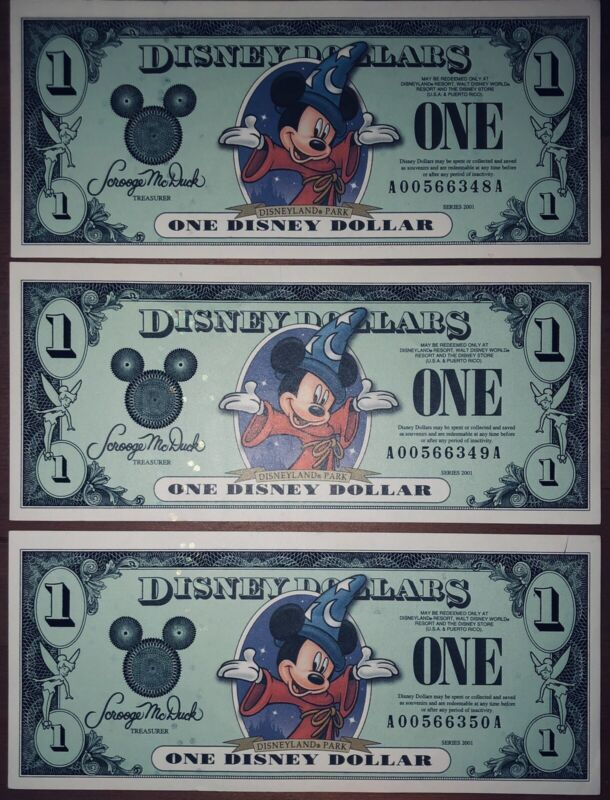 2001 Disney Dollars (all 4 notes) $1 Mickey Mouse-A Series & Sequential - UNC
