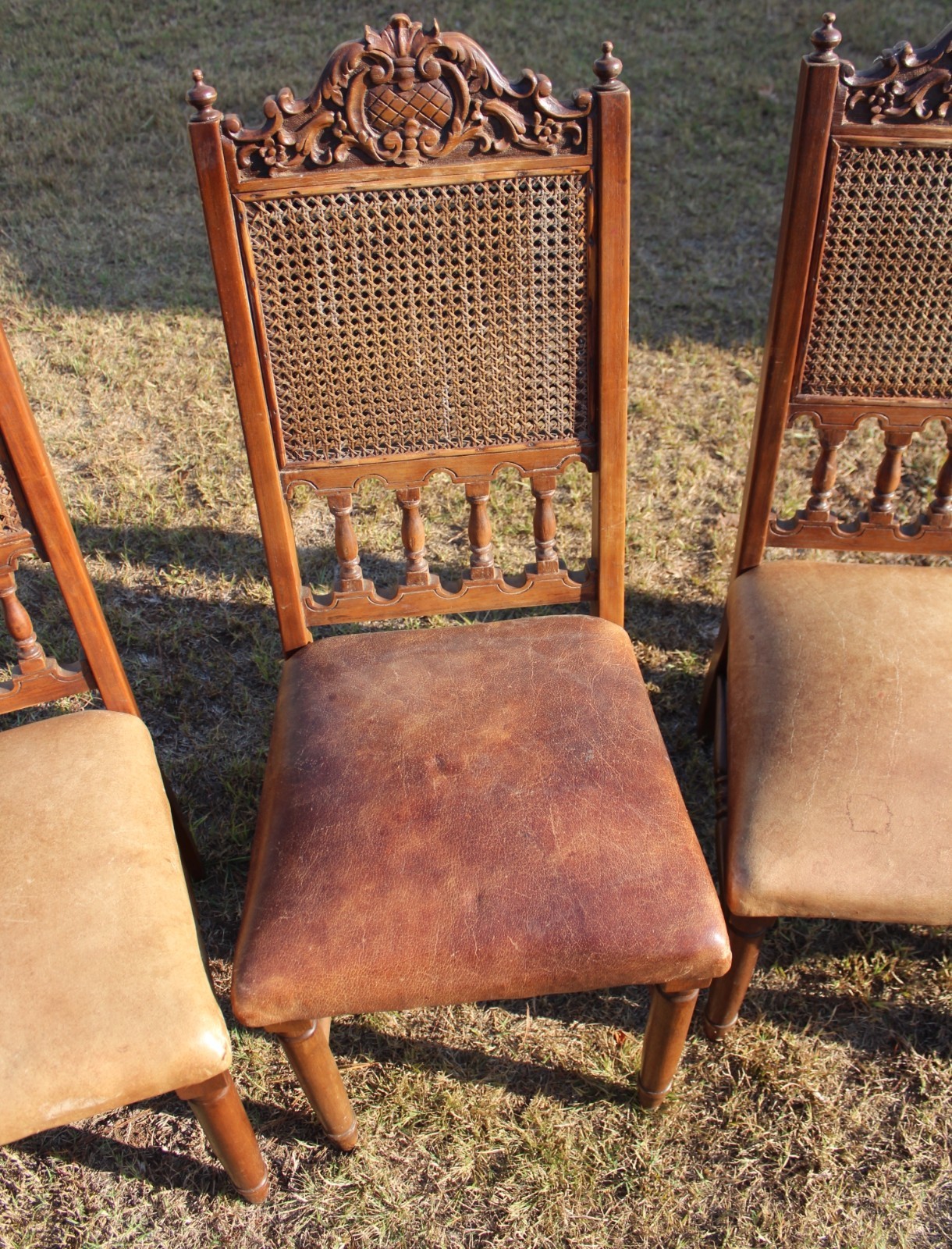 Set of Six 19th Century French Henri II Cane & Leather Side Chairs