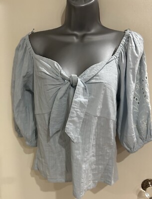 lipsy Light Blue Tie Front off/on shoulder embroidered Puff Sleeves top size 14